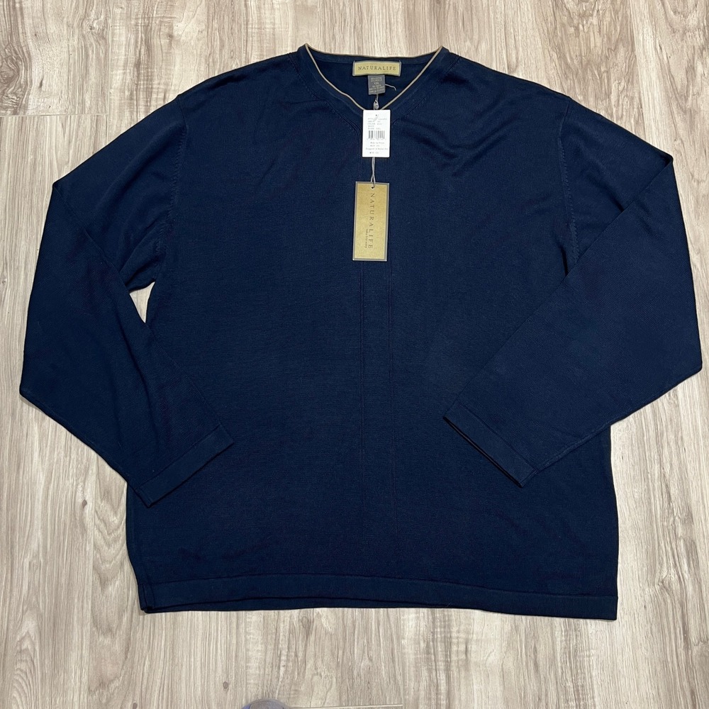 Naturalife Men's XXL Navy V-Neck Knit Sweater Cotton Blend Long Sleeve NWT